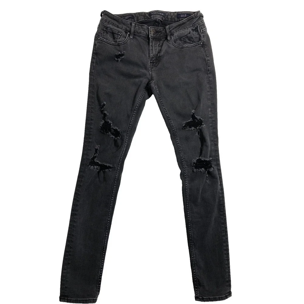 Vigoss Jeans Women's Size 25x27 Denim Black The Thompson Tomboy Distressed 26x27
